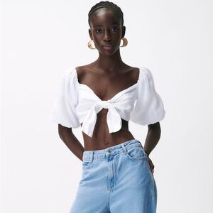 Elegant White Puff Sleeve Tie-Front Top